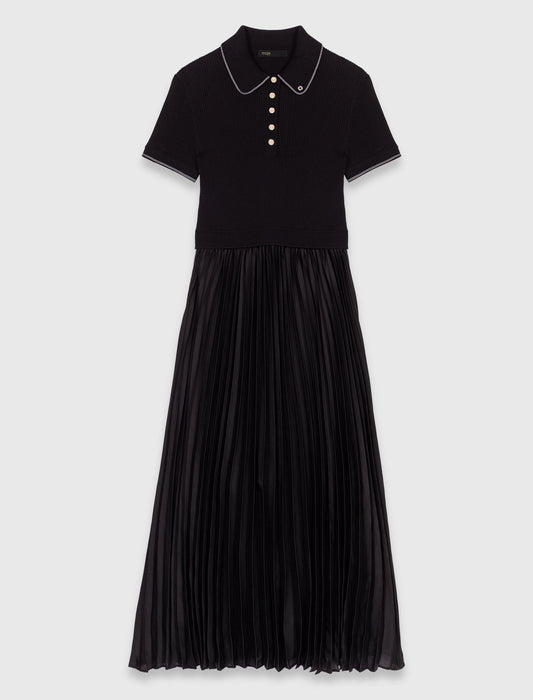 Pleated maxi dress with polo collar
