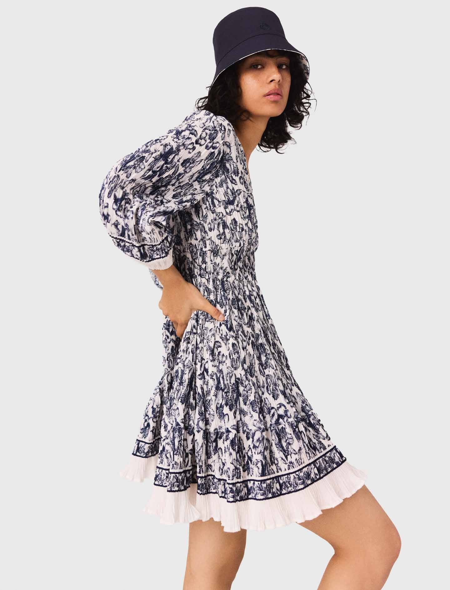 Printed pleated dress Blue Fruits Print