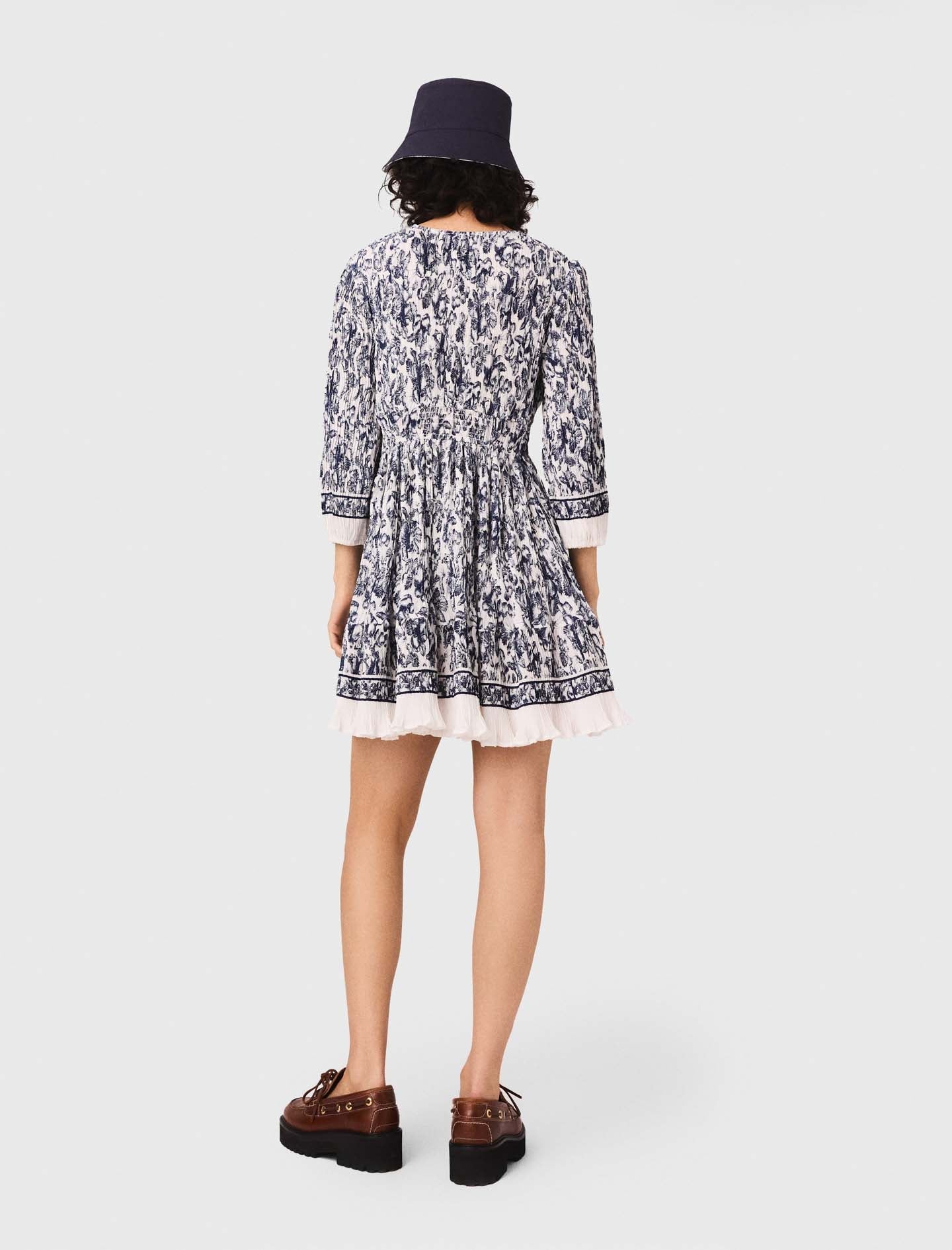 Printed pleated dress Blue Fruits Print