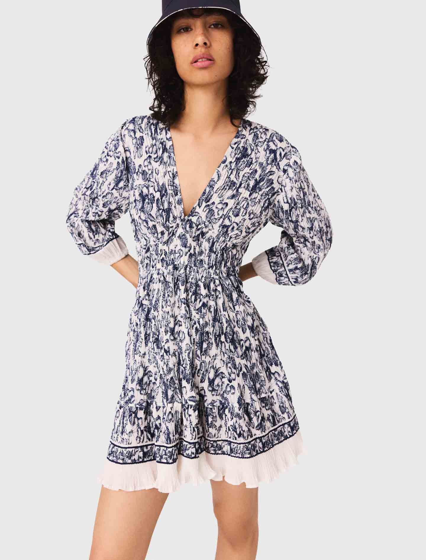 Printed pleated dress Blue Fruits Print