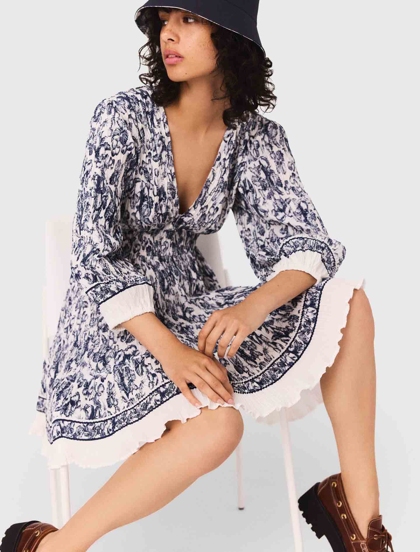 Printed pleated dress Blue Fruits Print