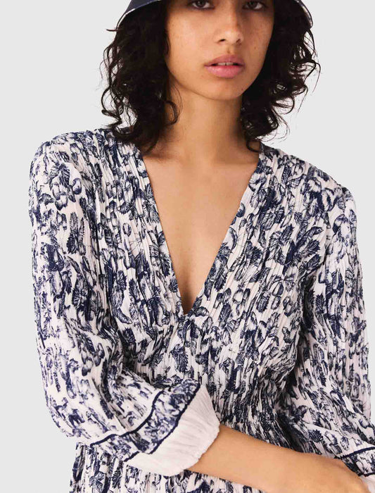 Printed pleated dress Blue Fruits Print