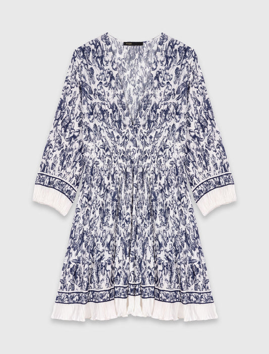 Printed pleated dress Blue Fruits Print