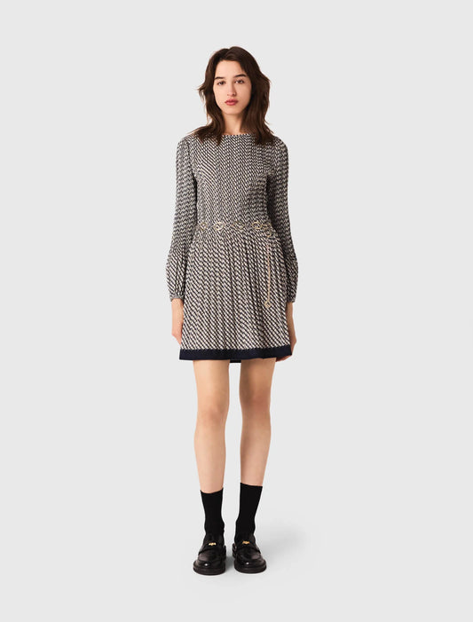 Patterned pleated dress Ecru Print-Tie