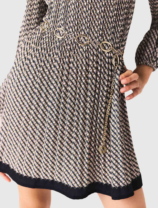 Patterned pleated dress Ecru Print-Tie