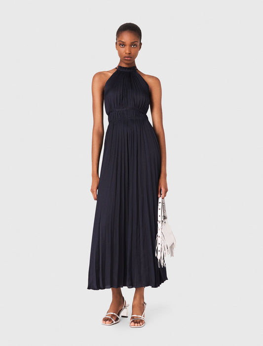 Pleated satin maxi dress Navy
