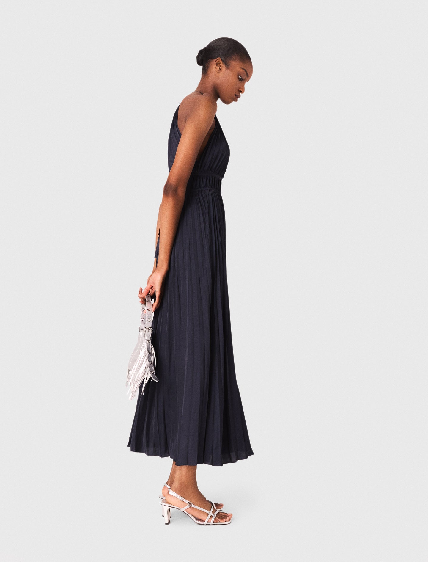 Pleated satin maxi dress Navy
