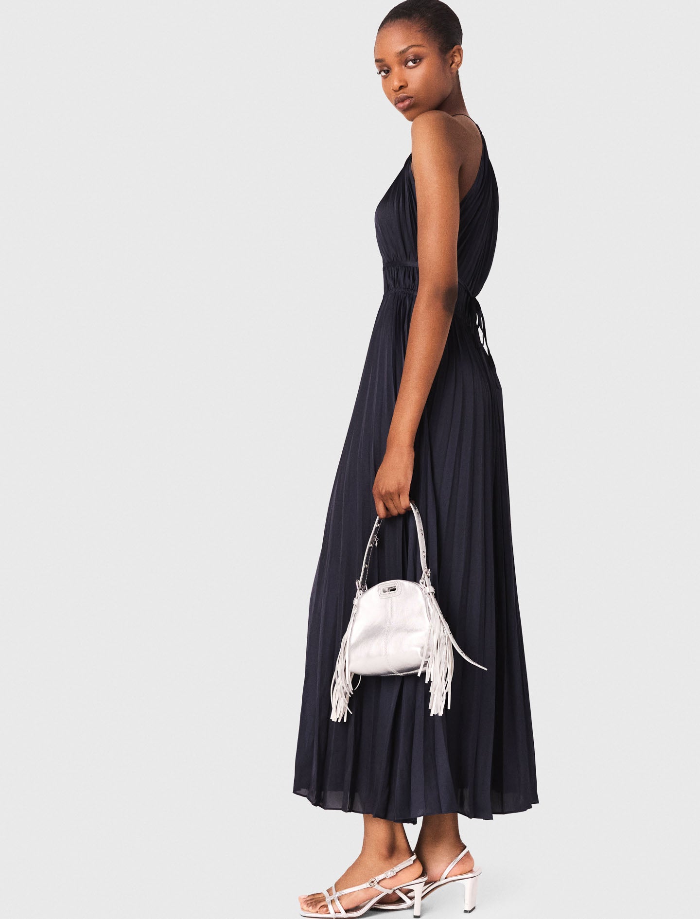 Pleated satin maxi dress Navy