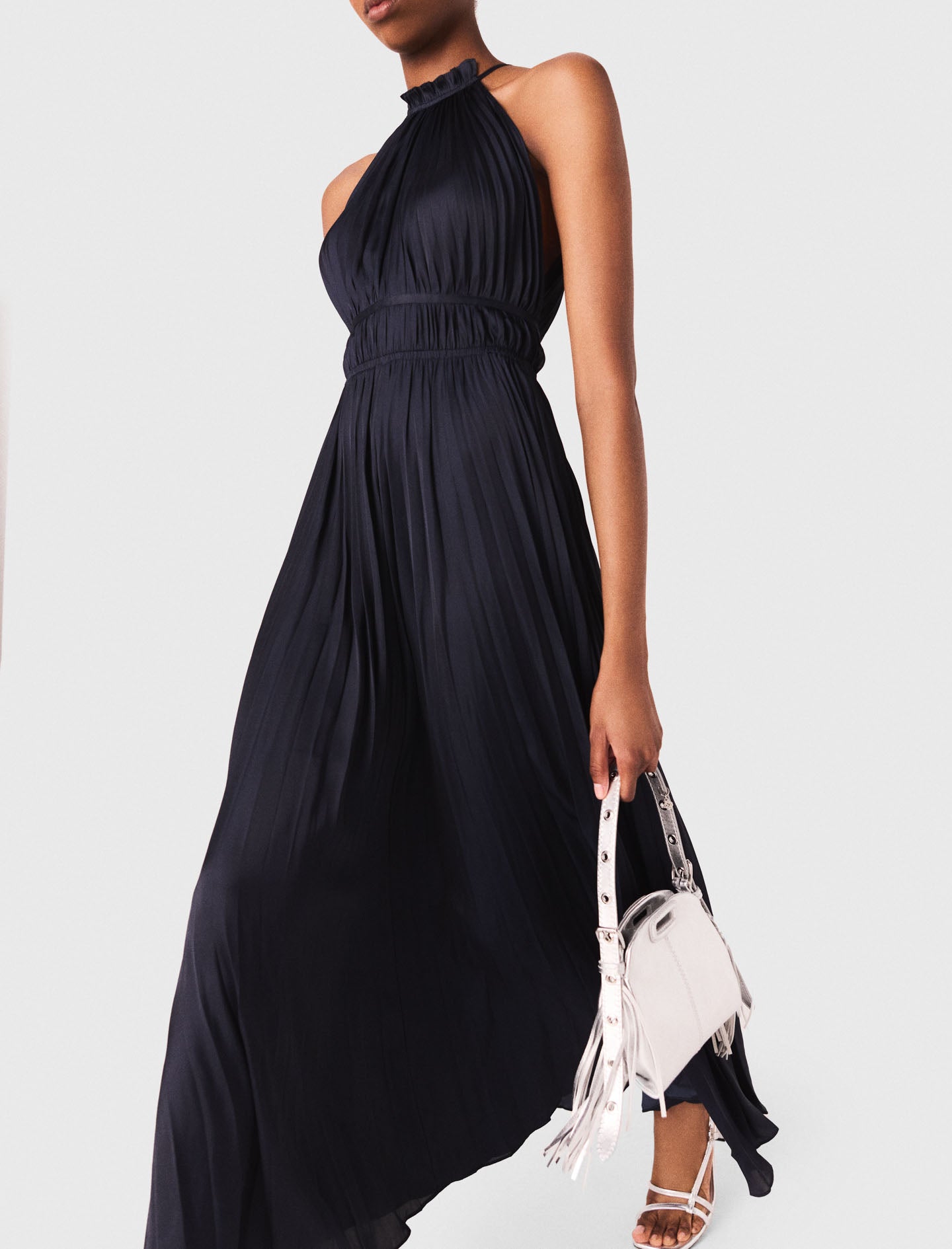 Pleated satin maxi dress Navy