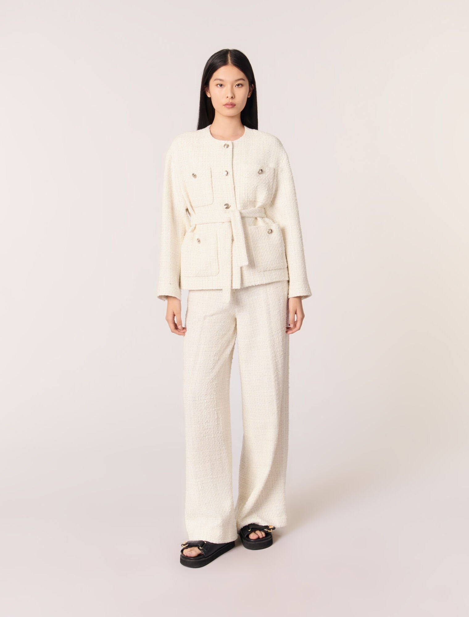 Ecru-featured-Belted tweed jacket