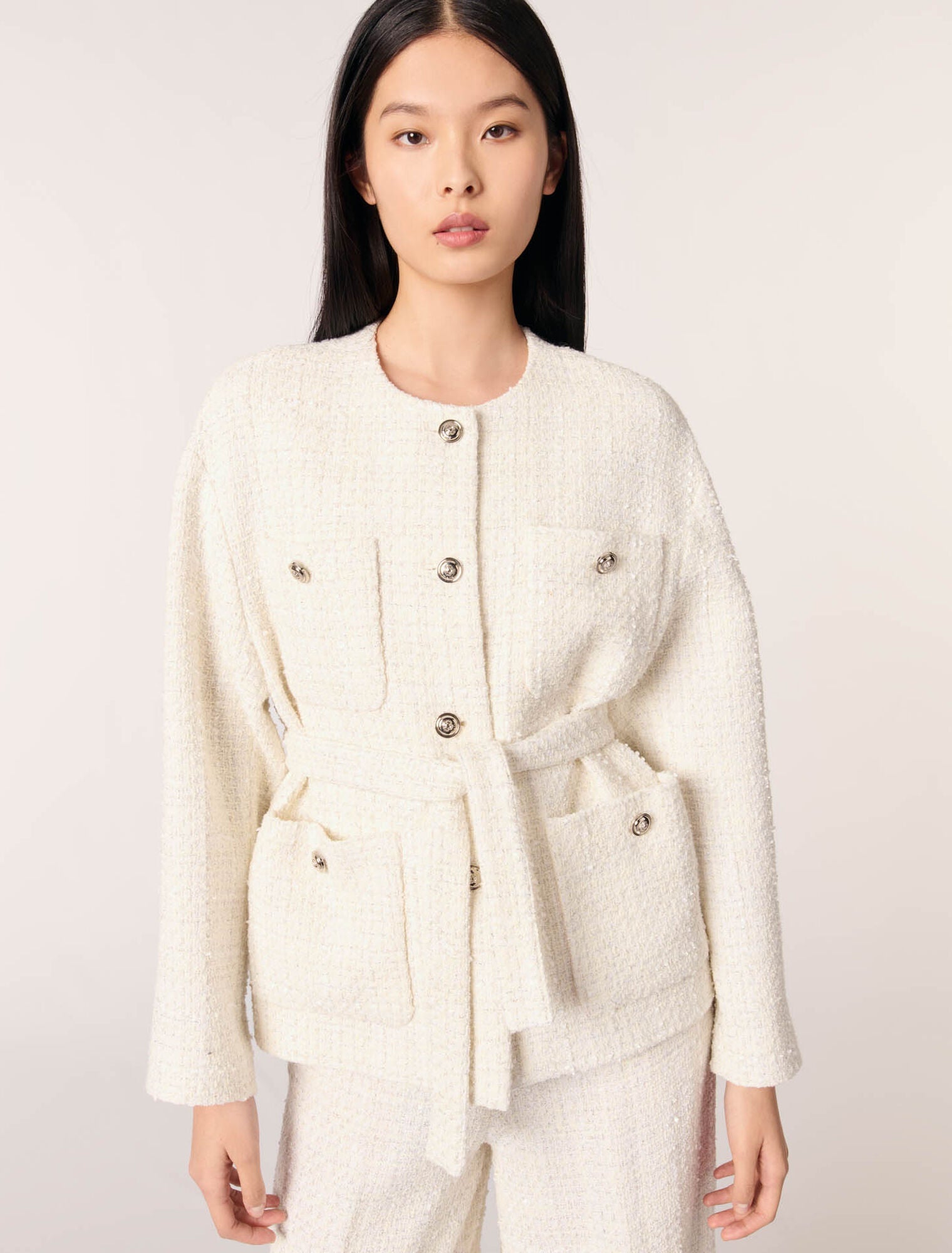 Ecru-Belted tweed jacket
