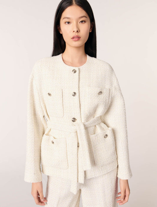 Ecru-Belted tweed jacket