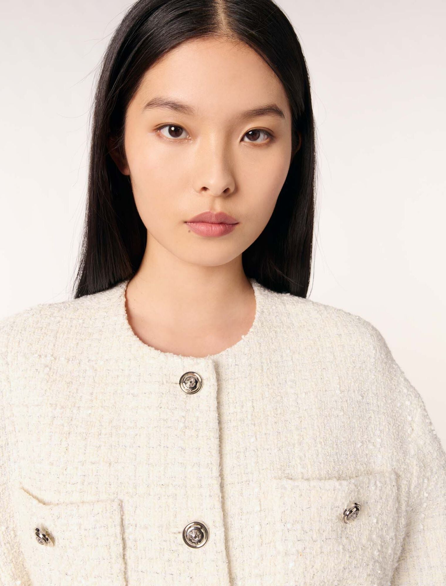 Ecru-Belted tweed jacket