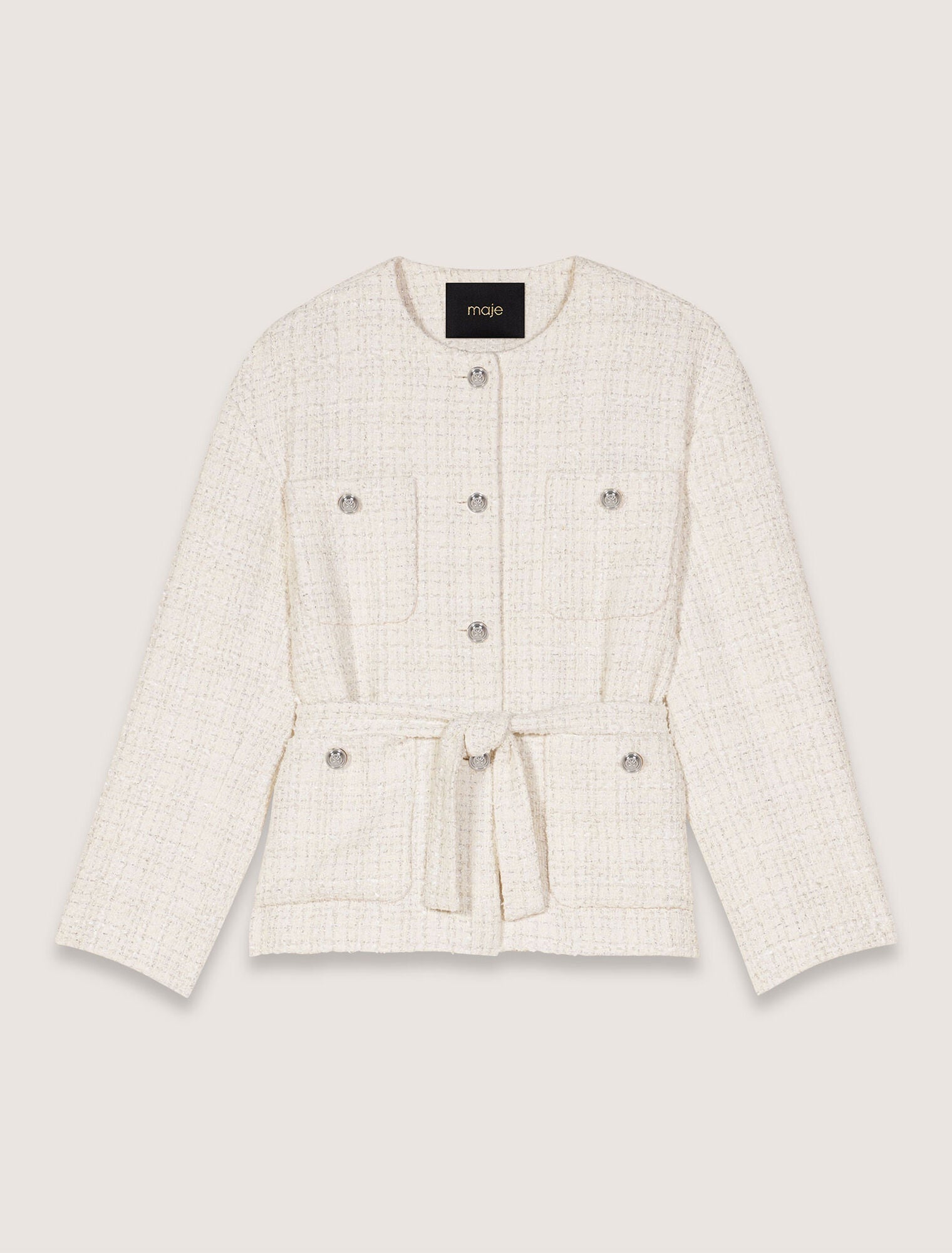 Ecru-Belted tweed jacket