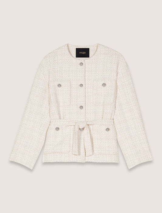 Ecru-Belted tweed jacket