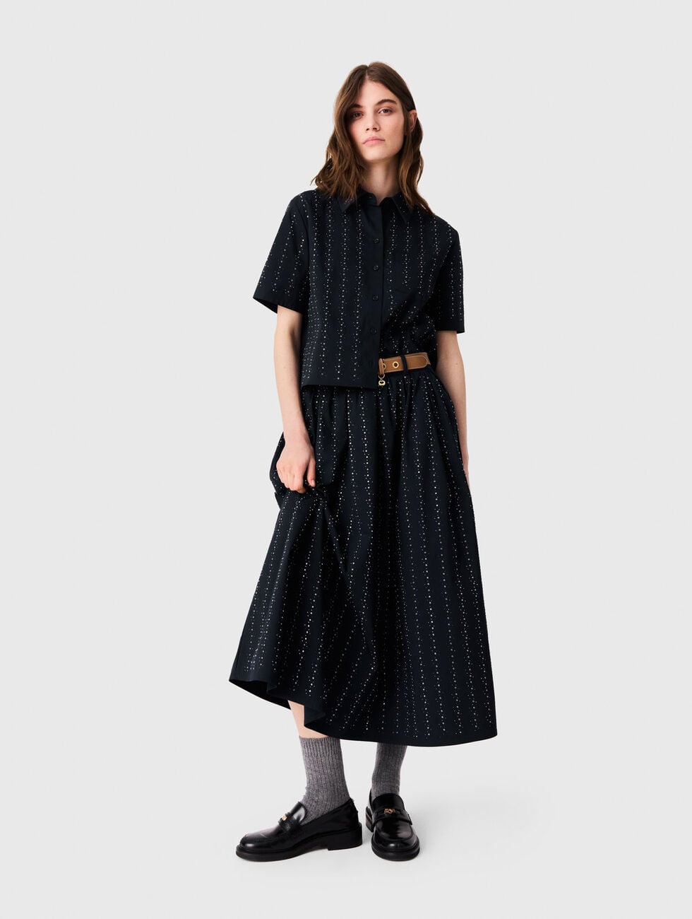 Long rhinestone cotton skirt Navy