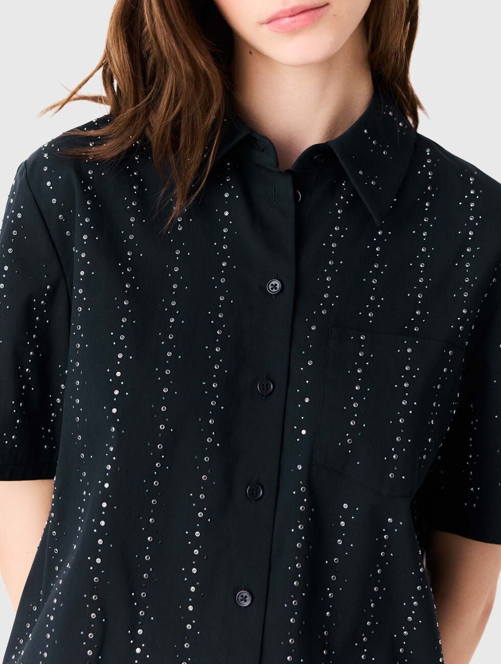 Cropped rhinestone cotton shirt Navy