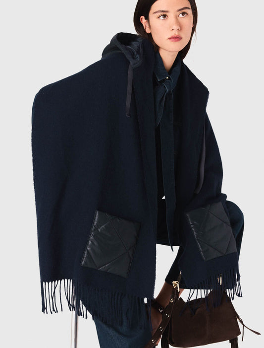 Hooded wool poncho Navy