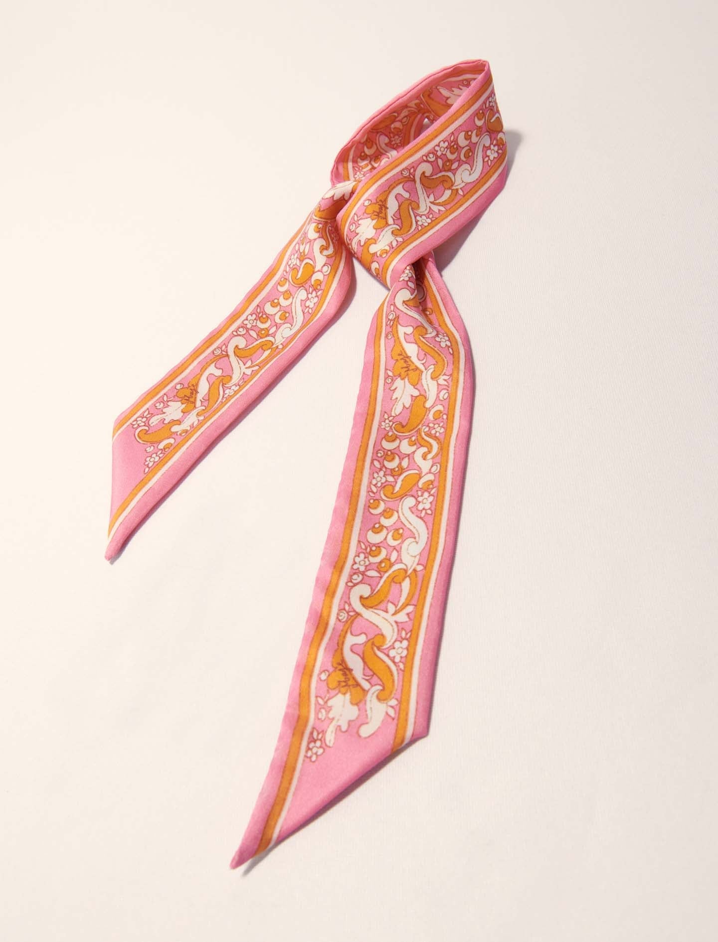 Pink-Floral motif ribbon scarf