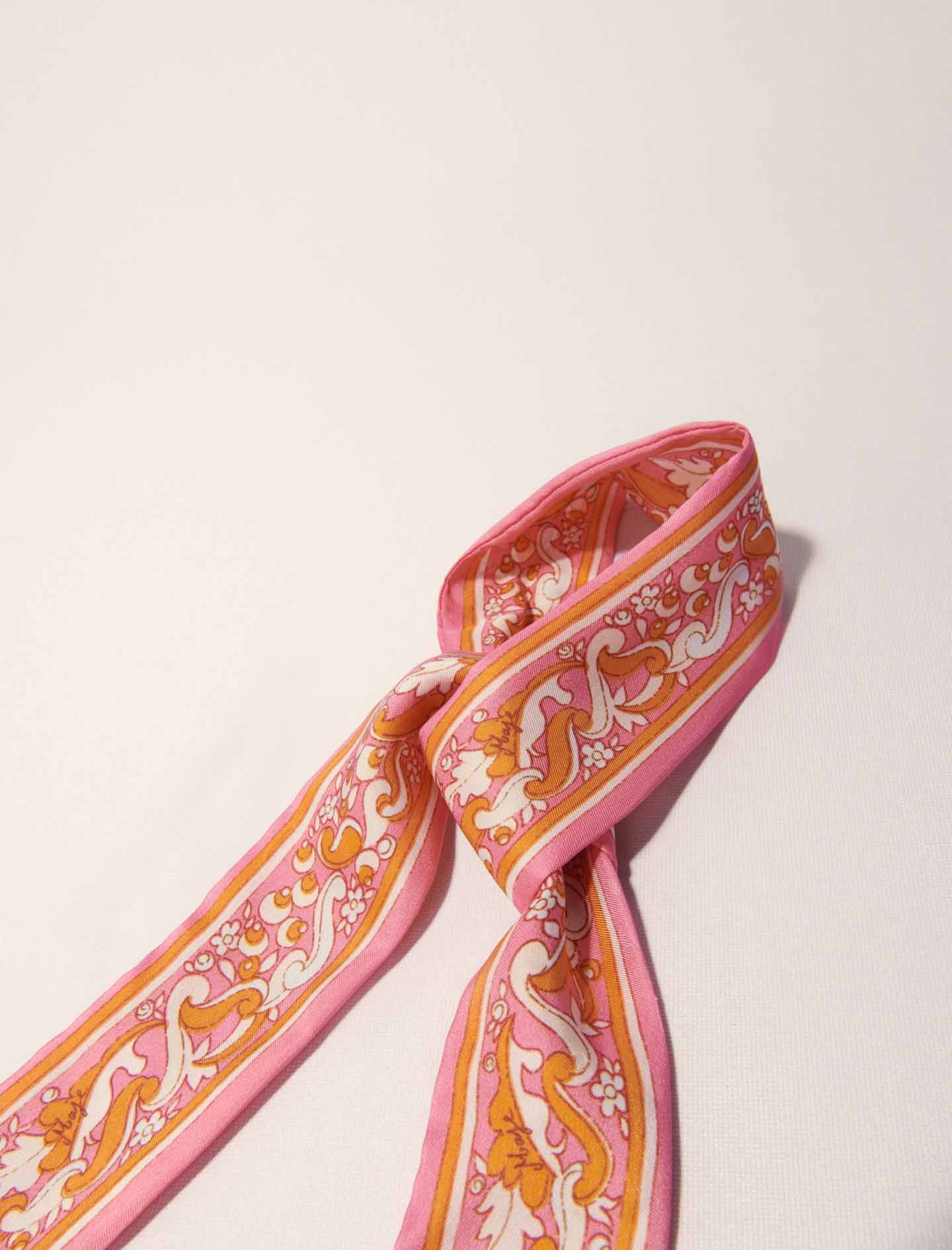 Pink-Floral motif ribbon scarf