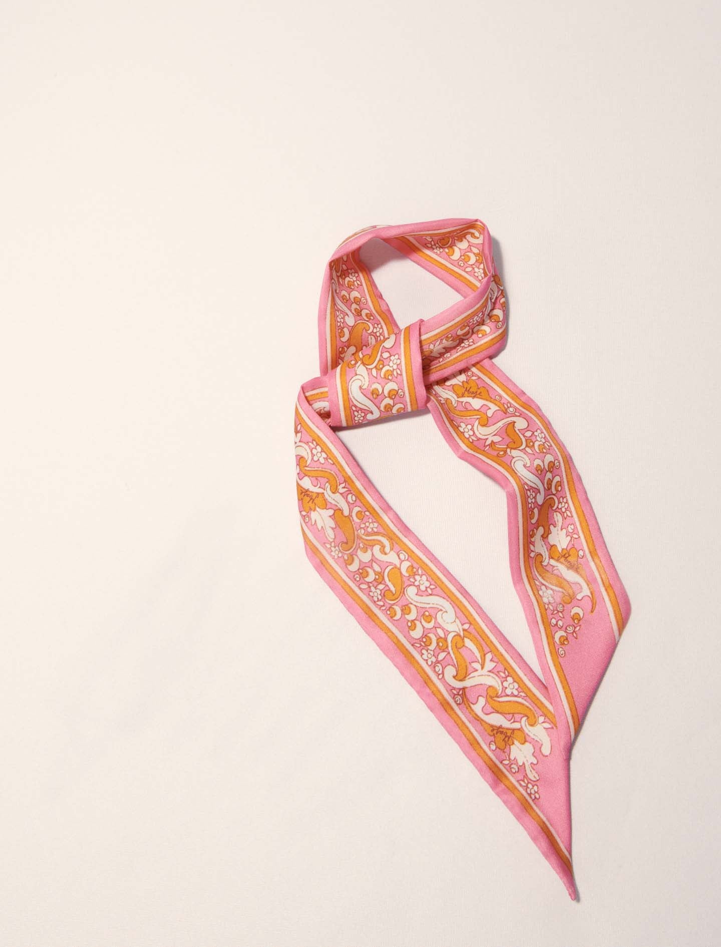 Pink-Floral motif ribbon scarf