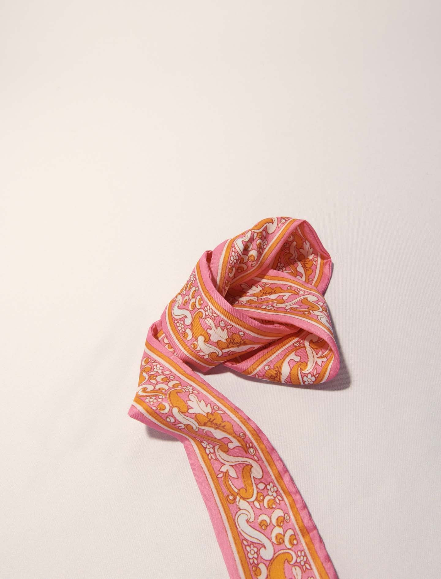 Pink-Floral motif ribbon scarf