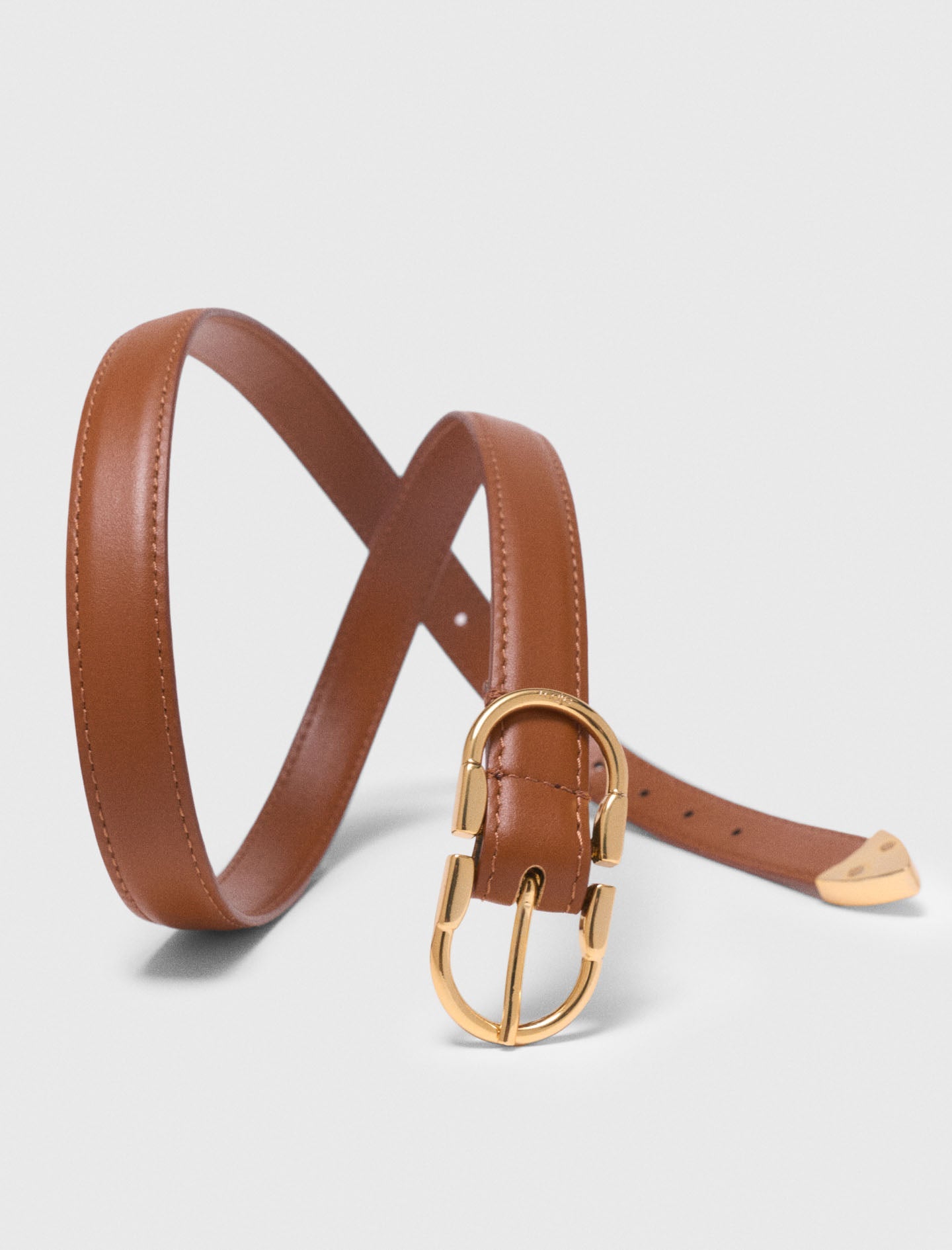 Double-Buckle Leather Belt Camel