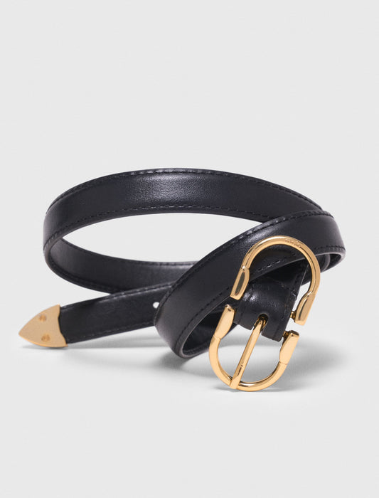 Double-Buckle Leather Belt Black