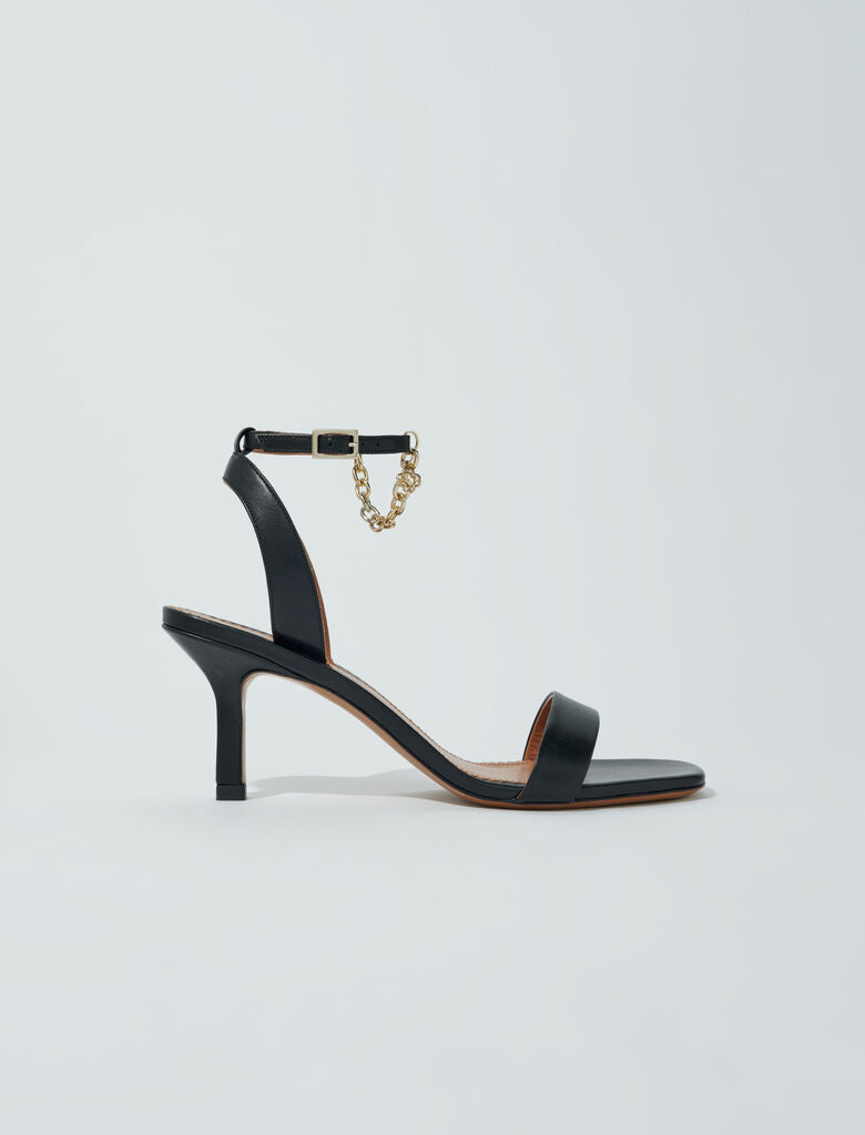 Black-featured-Leather sandals with heels