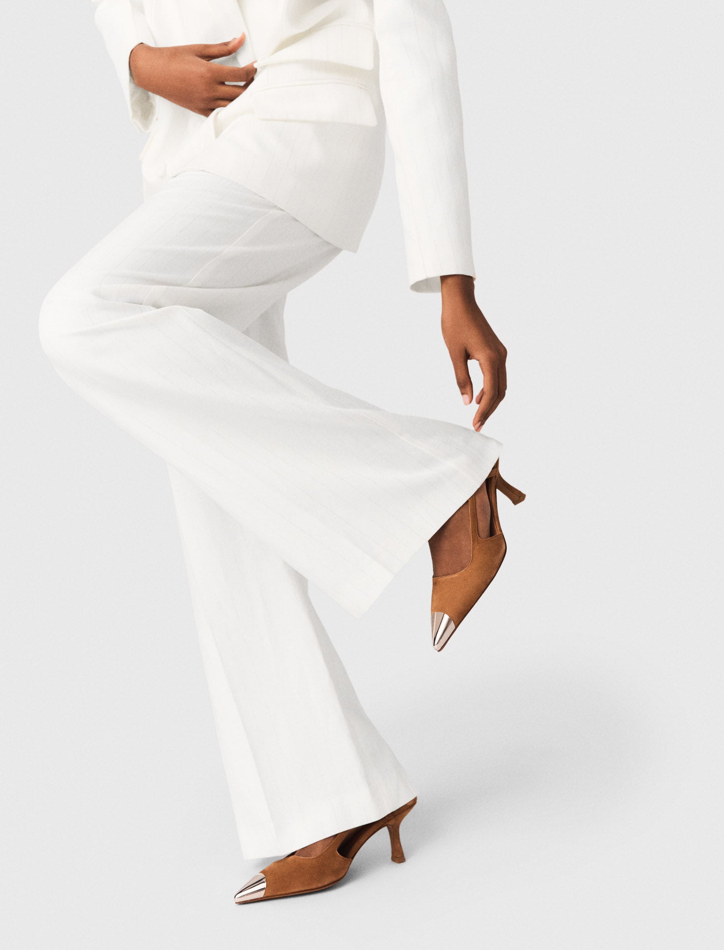 Metallic-Toe Suede Pumps CAMEL