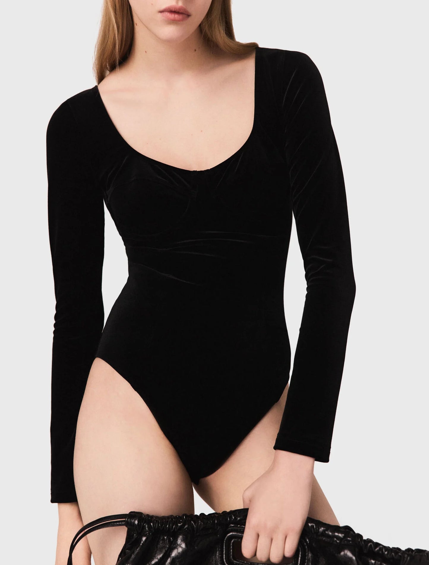 Velvet and corset detail bodysuit Black