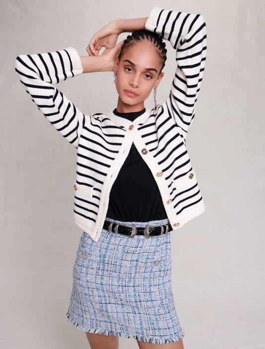 Navy / Ecru   STRIPED KNIT CARDIGAN