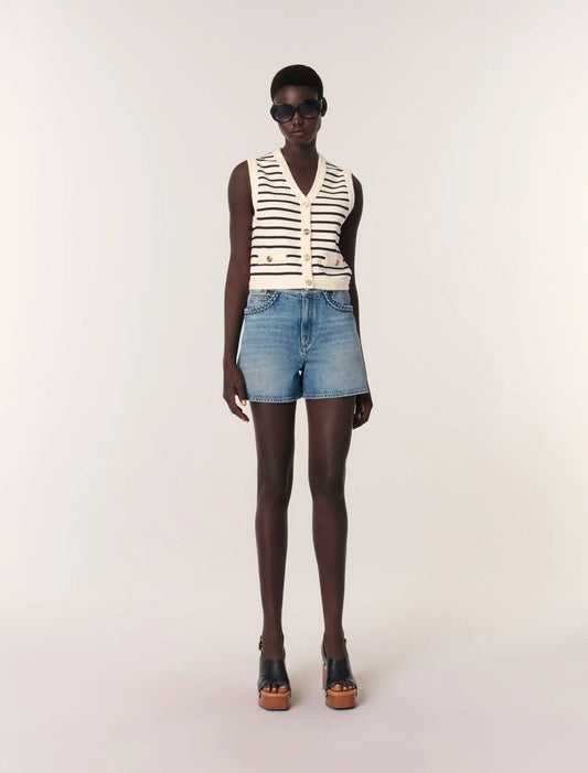 Navy / Ecru-featured-Sleeveless striped cardigan