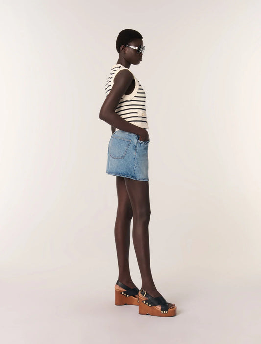 Navy / Ecru-Sleeveless striped cardigan