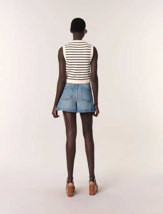 Navy / Ecru-Sleeveless striped cardigan