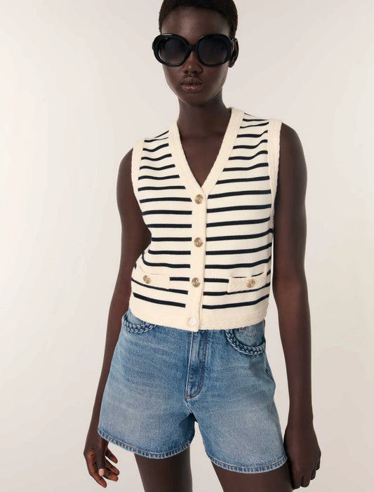 Navy / Ecru-Sleeveless striped cardigan