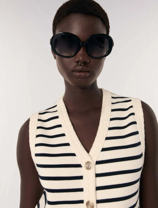 Navy / Ecru-Sleeveless striped cardigan