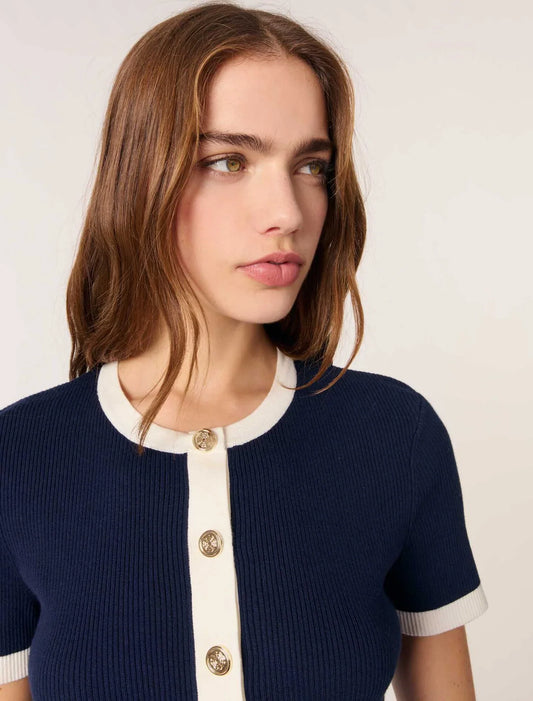 Navy / Ecru-Contrasting Cropped Cardigan