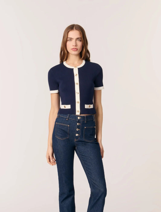 Navy / Ecru-Contrasting Cropped Cardigan