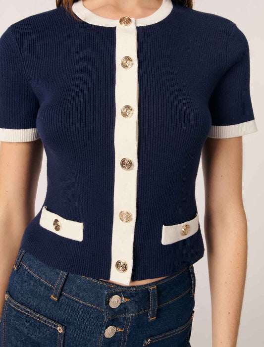 Navy / Ecru-Contrasting Cropped Cardigan