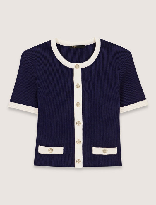 Navy / Ecru-Contrasting Cropped Cardigan