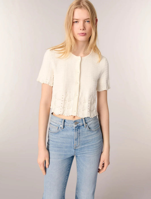 White-Beaded Pointelle Knit Cardigan