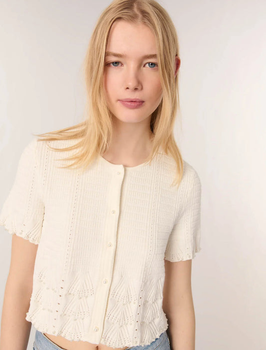 White-Beaded Pointelle Knit Cardigan