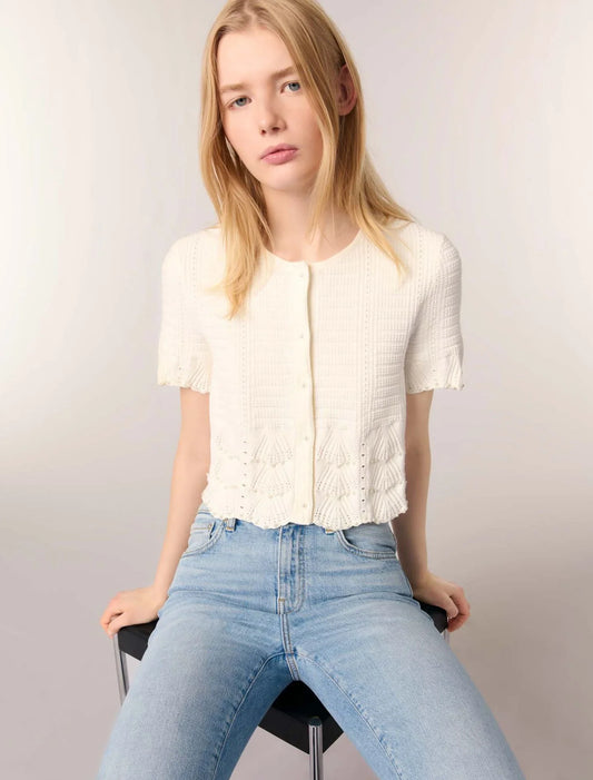White-Beaded Pointelle Knit Cardigan