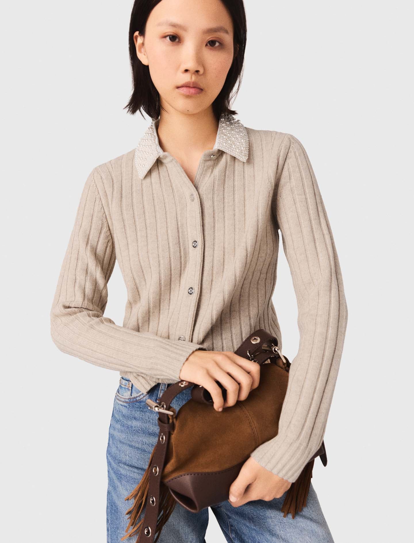 كارديغان بياقة قابلة للإزالة مزينة بالخرز 