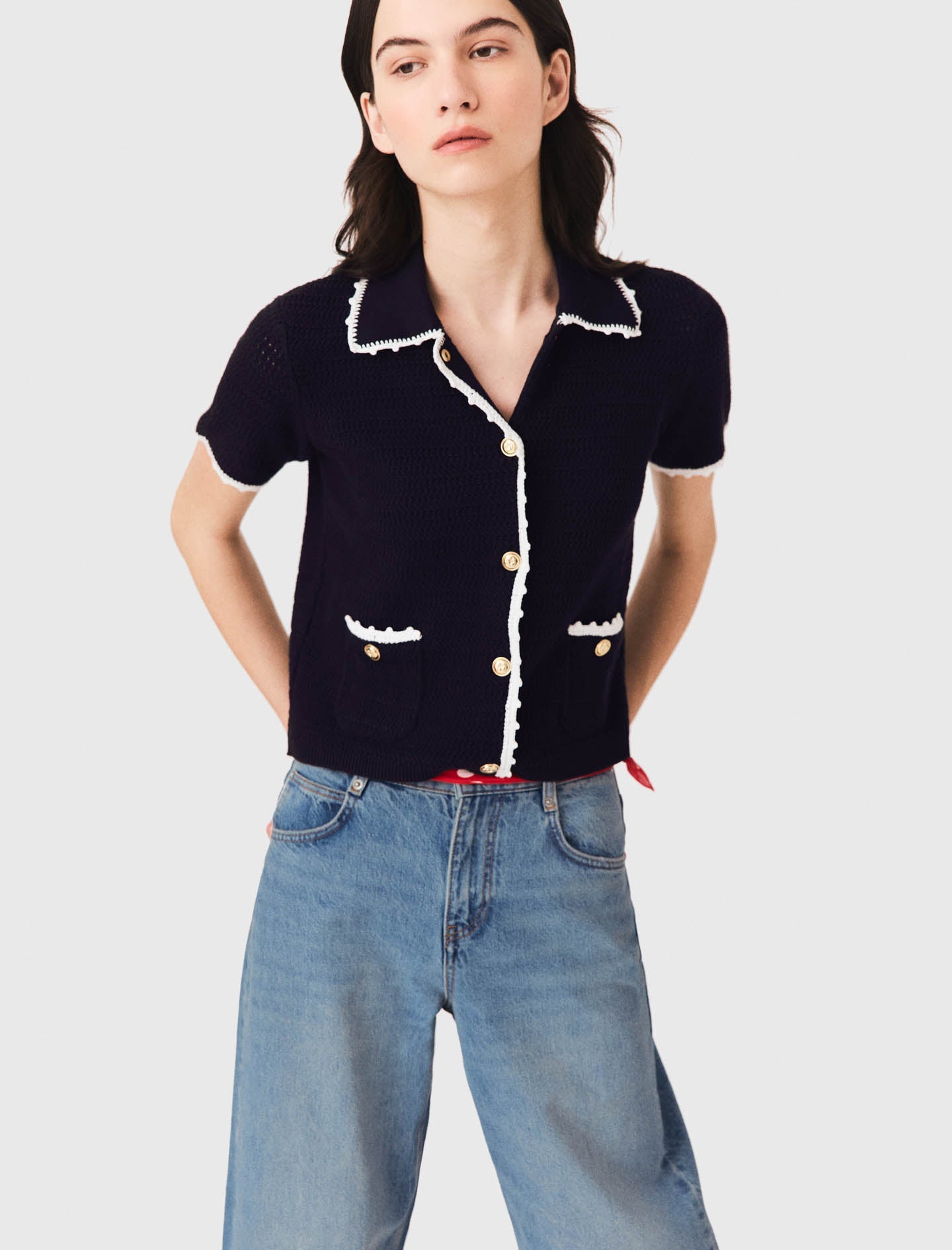 Cardigan with crochet trim Navy