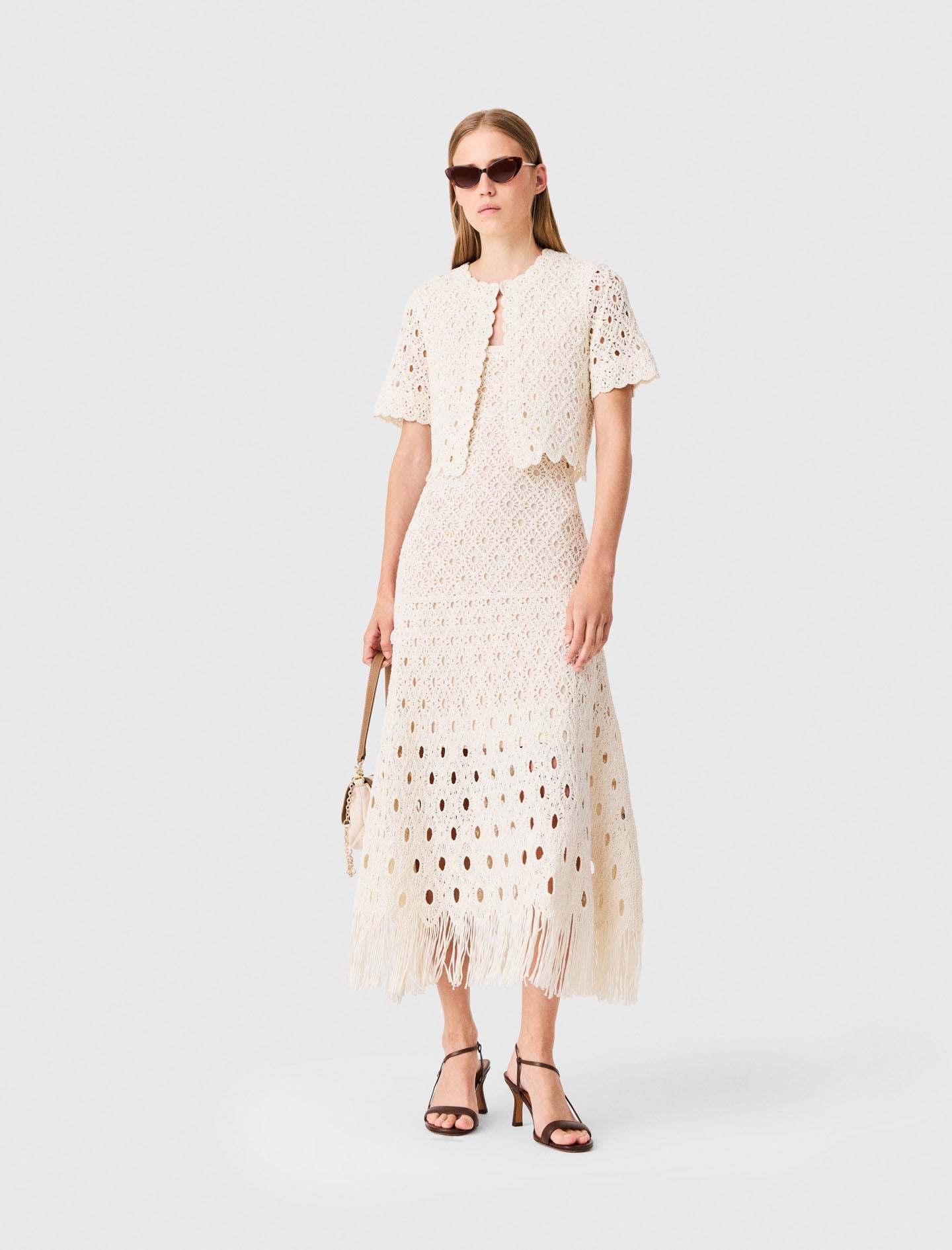Fringed crochet cardigan Ecru