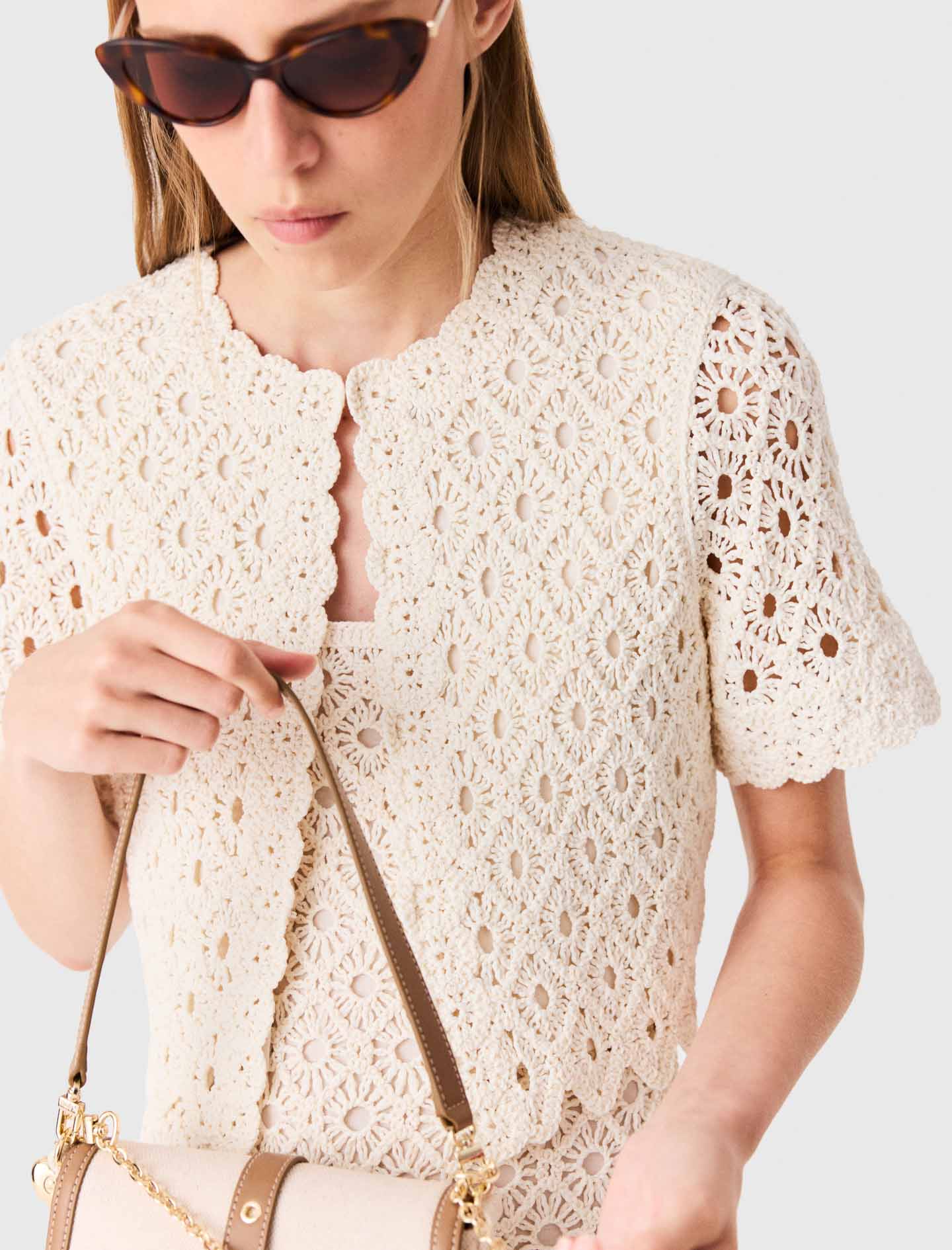 Fringed crochet cardigan Ecru