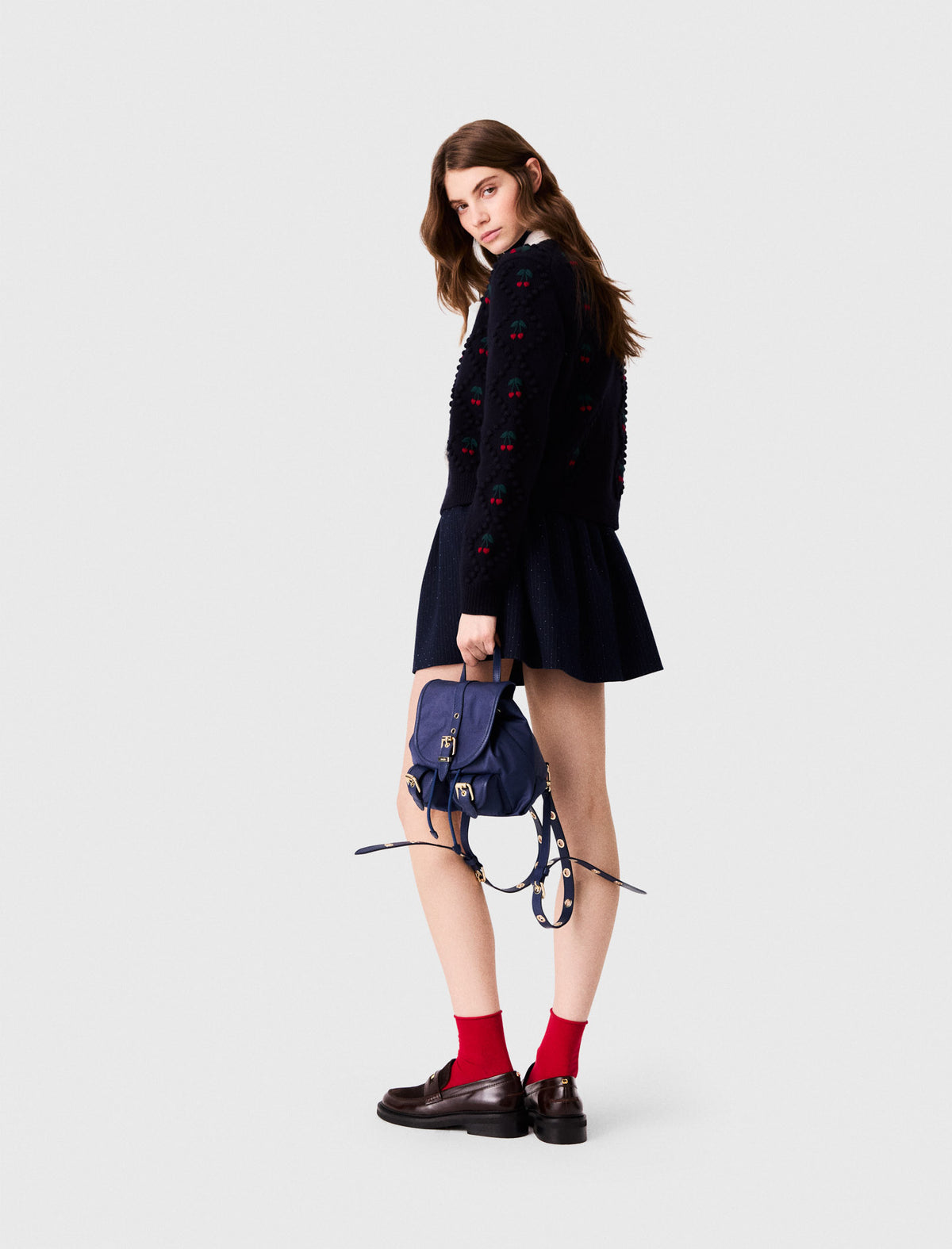 Embroidered cherry cardigan Navy