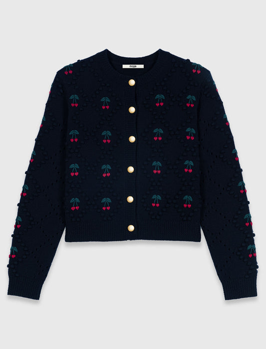 Embroidered cherry cardigan Navy